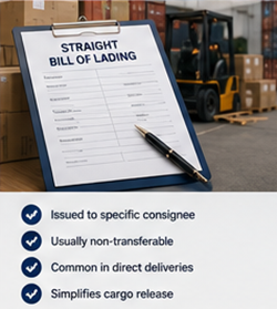 Straight Bill of Lading-dokument som används för direkt leverans av gods