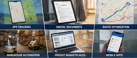Modern teknik för godstransport med GPS-spårning, logistikprogramvara och digitala leveranssystem