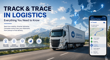 Modernt track and trace-system inom logistik som visar GPS-spårning av lastbilar, sändningssynlighet och leveransövervakning i realtid i Europa