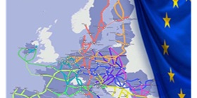 Trans-European Transport Network (TEN-T) på kartan och Europas flagga