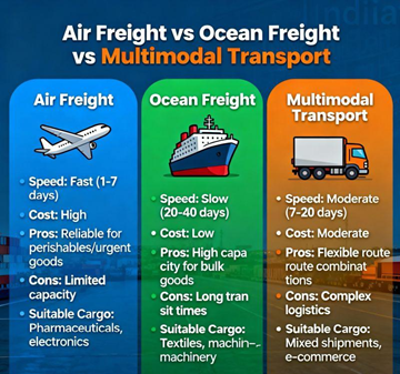 Jämförelse av väg-, flyg- och sjötransport som visar skillnader i logistik mellan lastbil, flygplan och fartyg