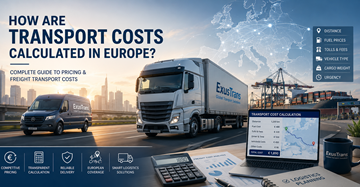 Beräkning av europeisk transportprissättning med logistiklastbilar, fraktkostnader, bränsle, vägtullar och leveransplanering