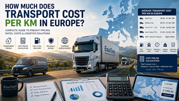Europeisk godstransportkostnad per kilometer med logistiklastbilar, motorvägar, bränsleprissättning och leveransberäkning