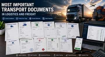 Samling av viktiga transportdokument inklusive CMR, faktura, tulldokument och digital logistikspårning i Europa