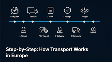 Logistikprocess steg för steg transportflöde upphämtning leverans spårning förarens ruttplanering Europa