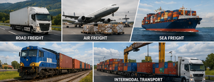 Transportsätt inklusive lastbilar, fraktflyg, containerfartyg och järnvägsfraktlogistik