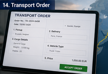 Digital transportorder med sändningsuppgifter, rutt och fordonsplanering i logistikplattform