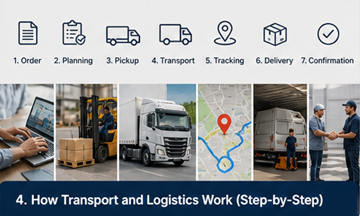Steg-för-steg-transportprocess från hämtning till leverans, logistikflöde