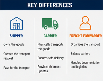 Diagram som jämför rollerna avsändare, transportör och speditör i logistikkedjan