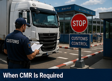 Lastbil vid europeisk gräns där föraren visar transportdokument inklusive CMR