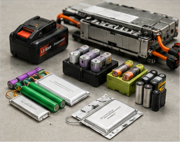 Olika litiumbatterier som omfattas av ADR-regler, inklusive batterier för elfordon och elektronik