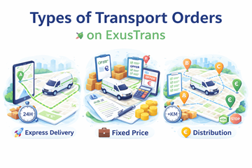 Översikt över express-, fast pris- och distributionsorder på ExusTrans med illustration av ruttplanering och prissättning