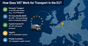 Europeiskt moms-koncept för transporttjänster som visar gränsöverskridande logistik och skatteregler