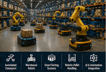 Automatiserade lagerrobotar kopplade till programvara för lagerhanteringssystem