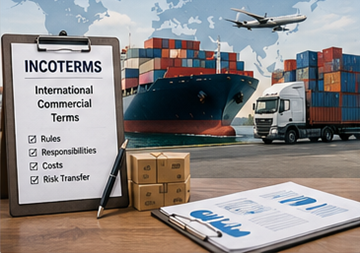Internationella handelsprocesser med fraktcontainrar, transportdokument och samordning inom global logistik