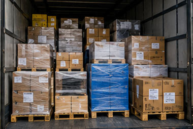 Styckegods (groupage) med samlastade fraktbilar blandat gods pallar och europeisk logistikdistribution