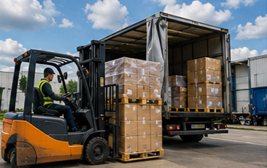 Palltransport med staplade pallar gaffeltruckar logistiklastbilar och lagerhantering