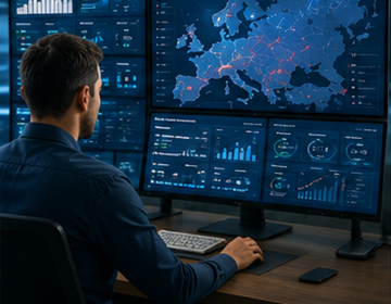 Logistikoperatör som övervakar ett system för försändelsespårning med transportuppdateringar i realtid i Europa