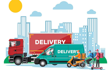 Vägtransport för regional leverans med skåpbilar och lastbilar i urban logistik