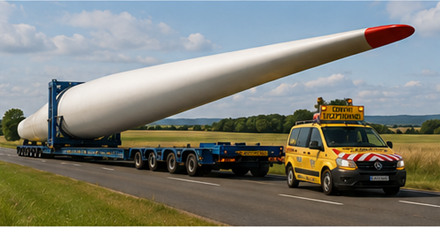 Vindkraftsblad och utrustning för förnybar energi transporterade med tungtransportfordon